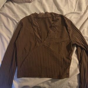 Brown Lace Trim Ribbed Women's Top